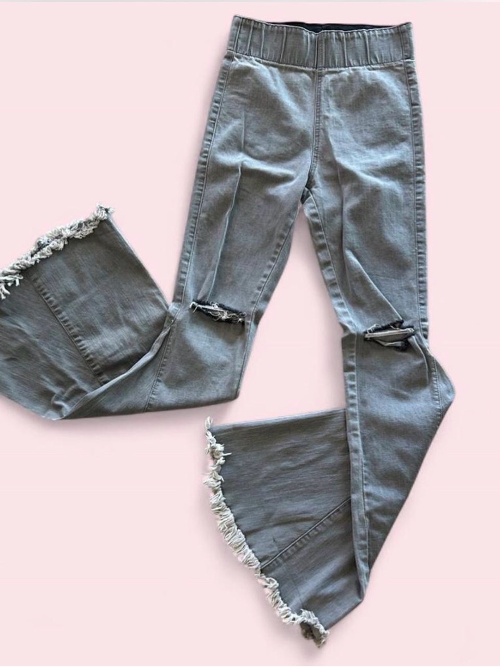 Gray Distressed Flare Jeans with Frayed Hem